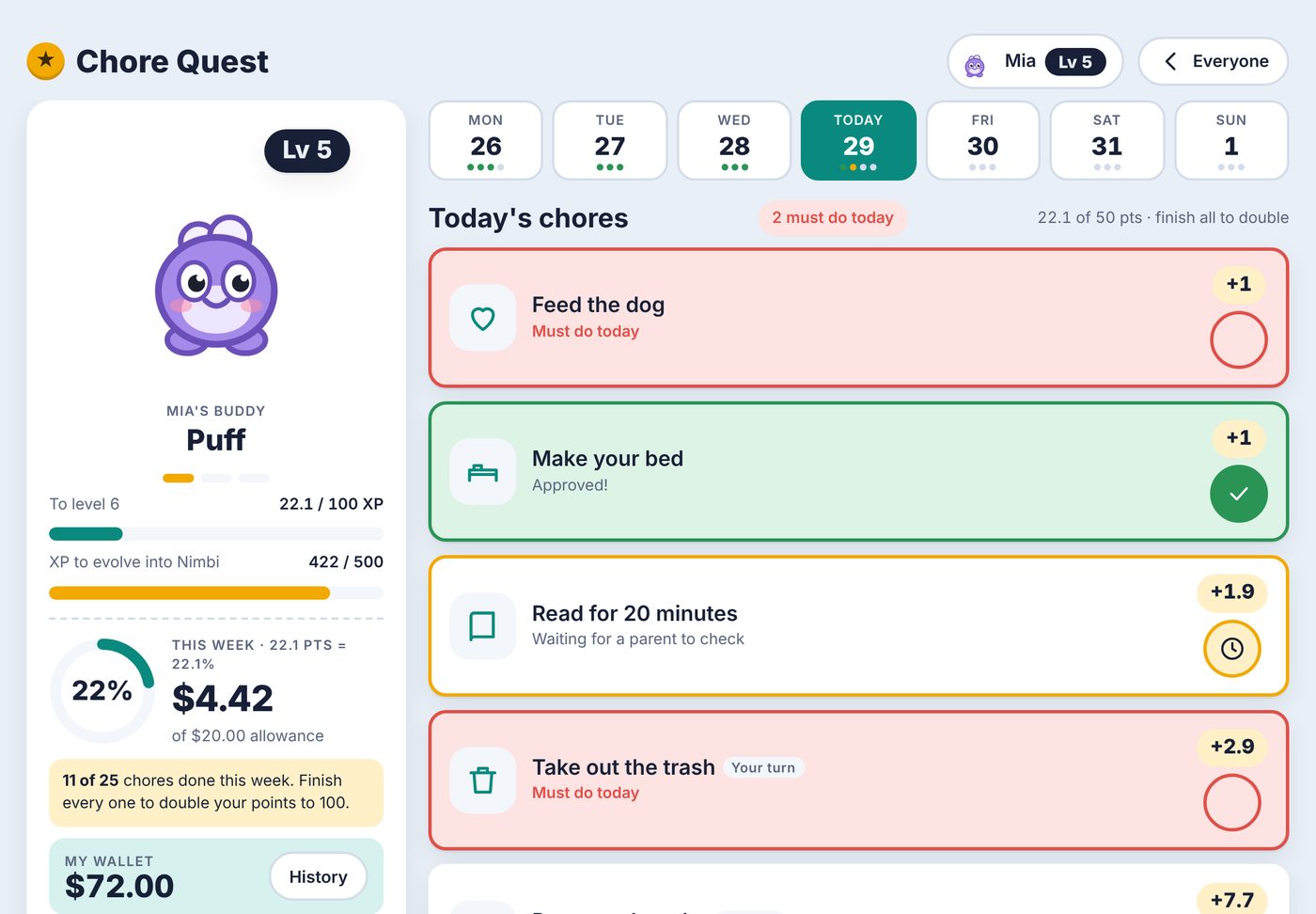 Chore Quest on a tablet: a child's chore list with a purple buddy character